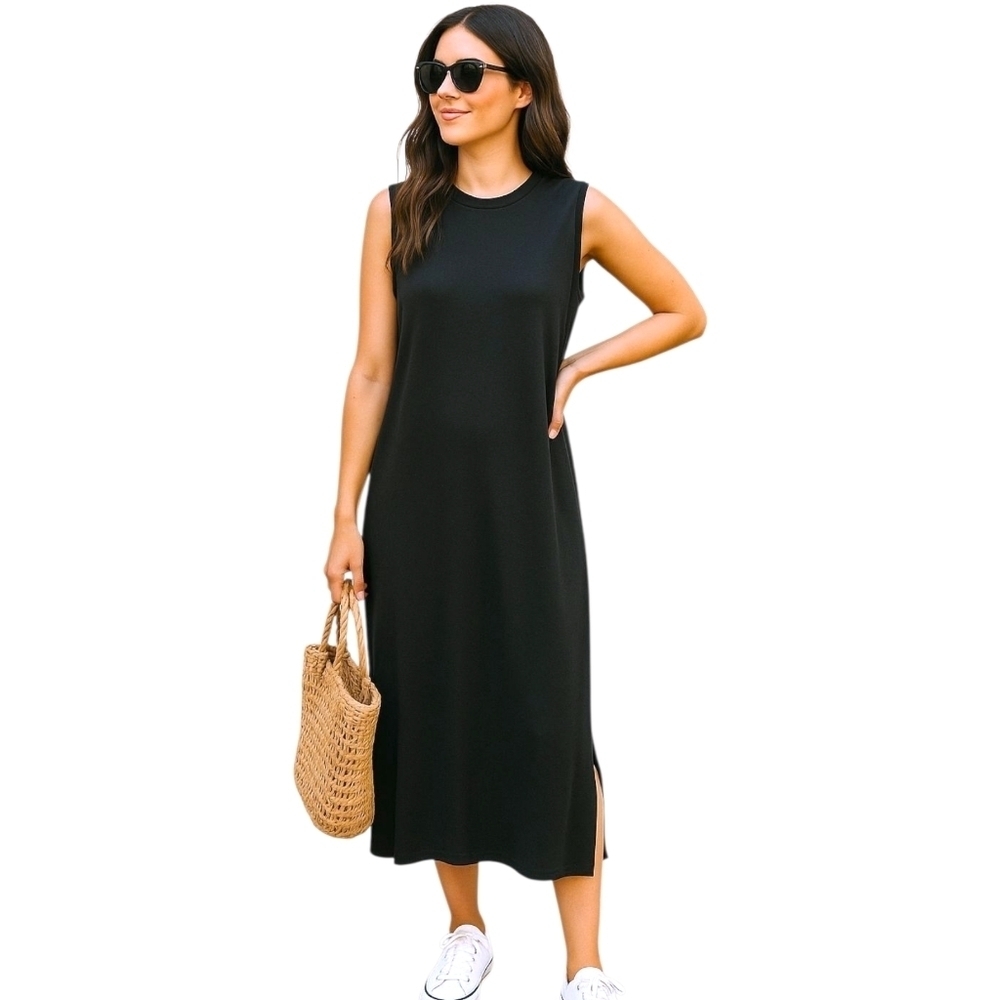 Double Zero Elevated Basic Black Midi Tank Dress | Minimalist Stretch Knit M